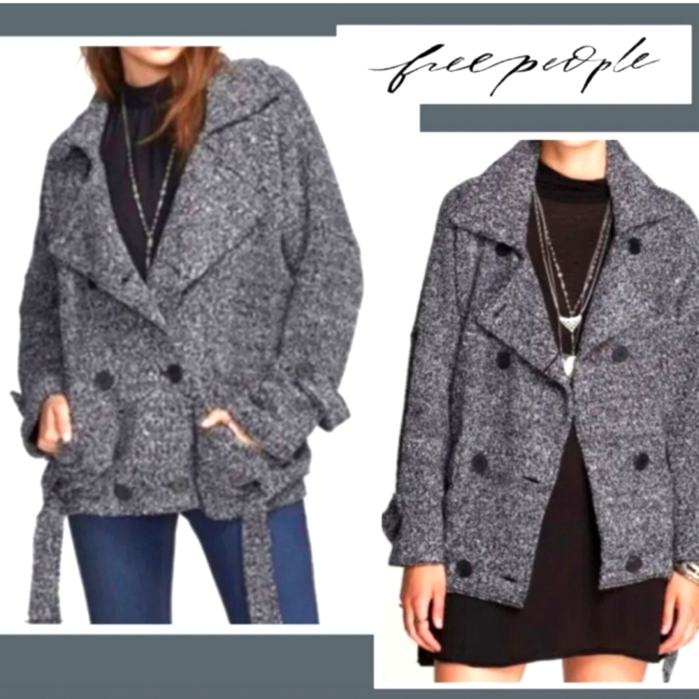 Free People Women's XS Slouchy Knit Tweed Belted Black & White Jacket